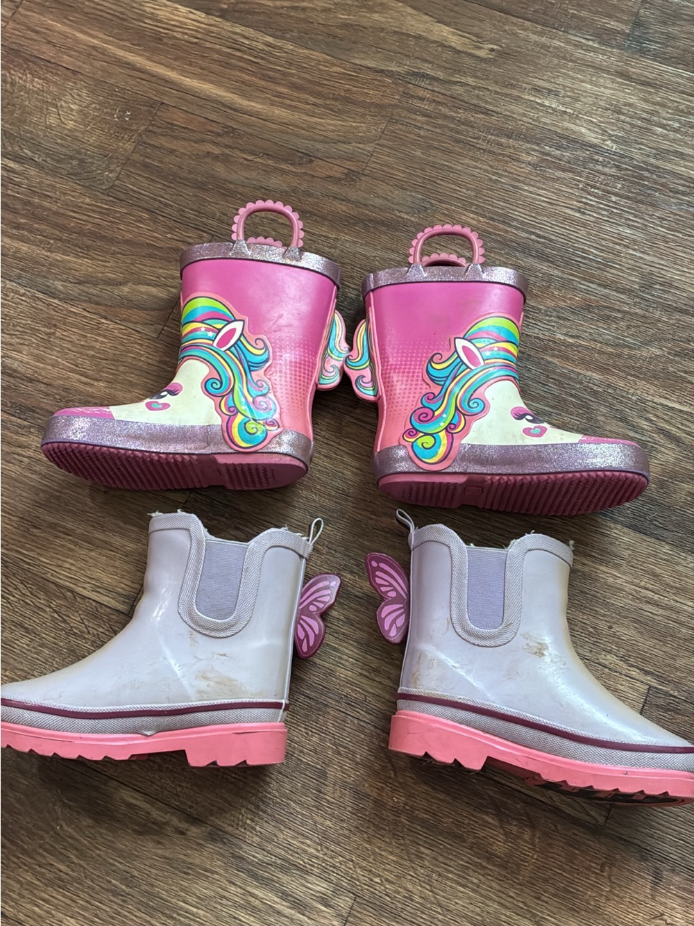 Girls Pink Unicorn & Butterfly Rain Boots - 2 Pair WELL LOVED